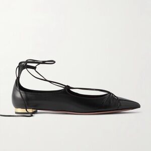 AQUAZZURA GABI BLACK LEATHER LACE UP FLATS GOLD DETAILS SIZE 38